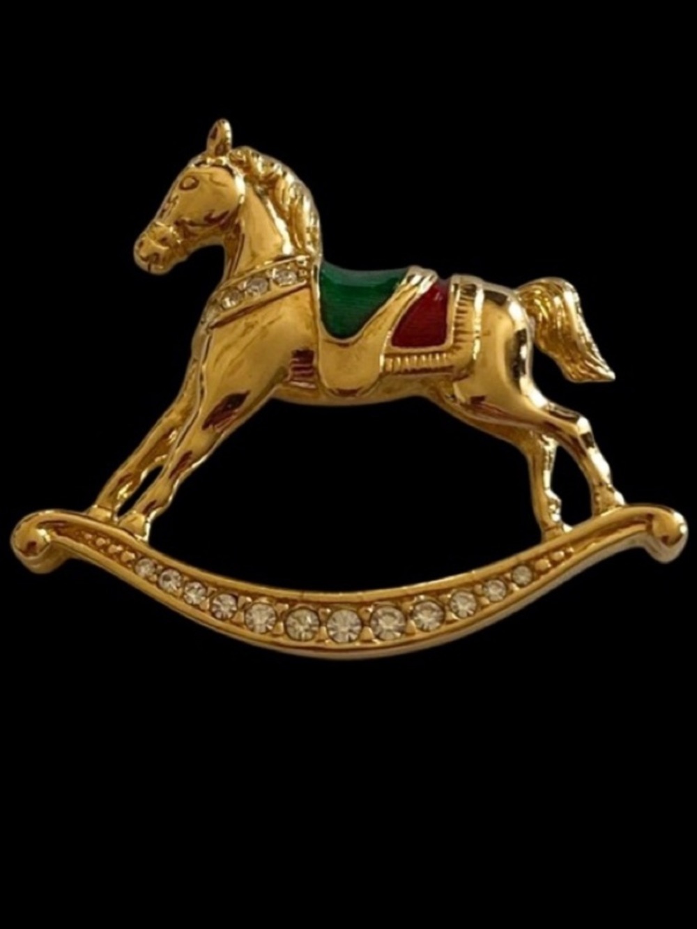 Vintage Marked Swarovski Gold Christmas Rocking Horse Brooch Pin Gold Red Green